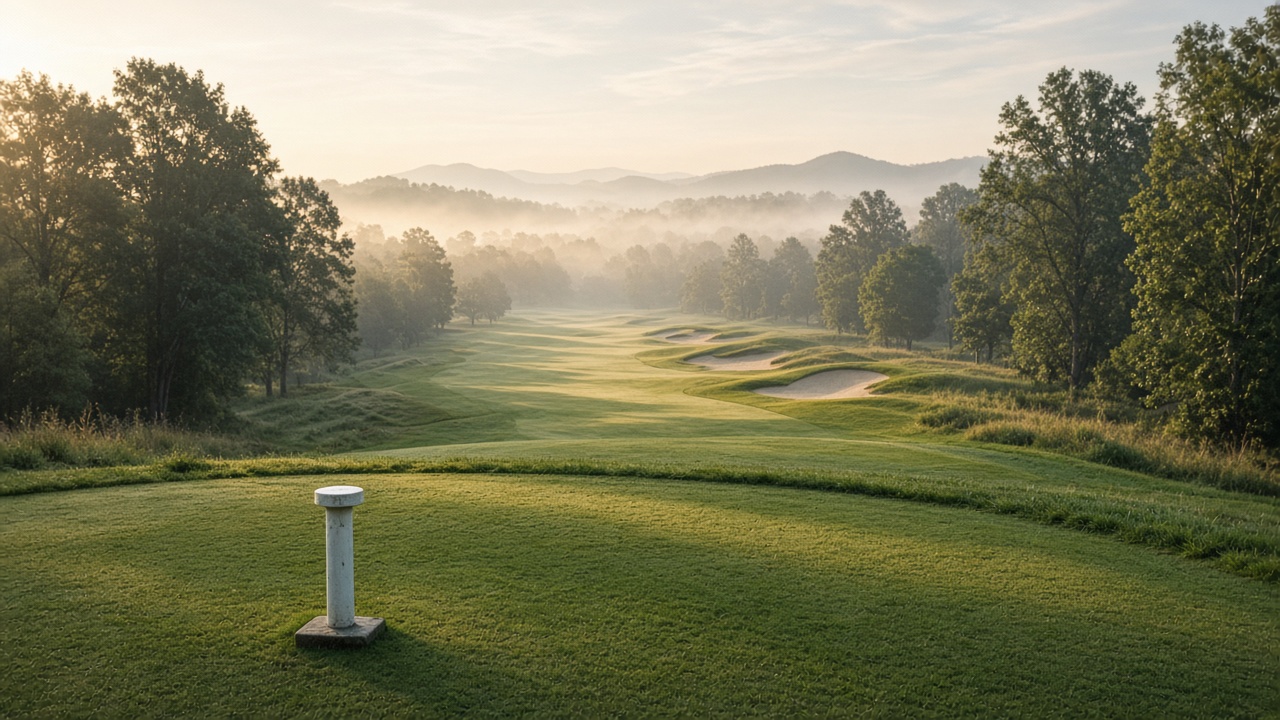 Golf tee box and misty fairway at sunrise (AI-generated illustration)