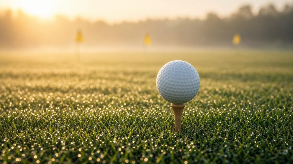 Unbranded white golf ball on a wooden tee on a dewy driving range at sunrise (AI-generated illustration)