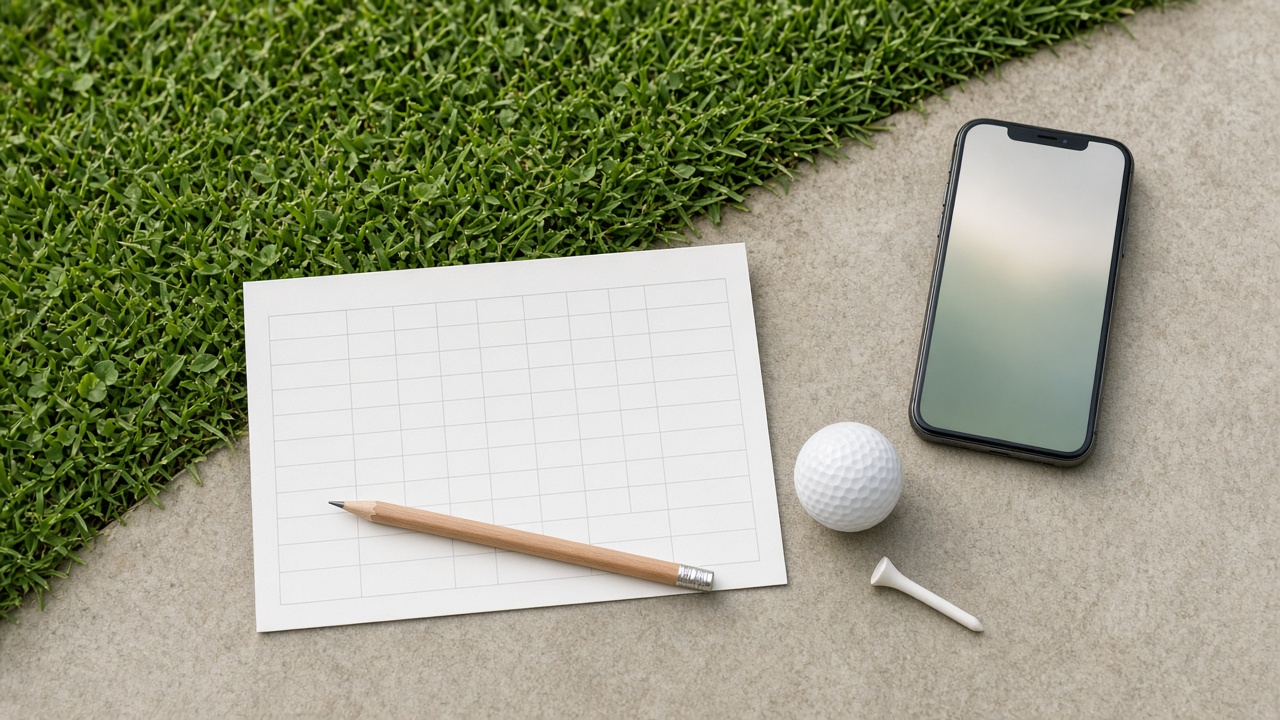 Blank golf scorecard, pencil, golf ball, tee and phone on grass edge (AI-generated illustration)