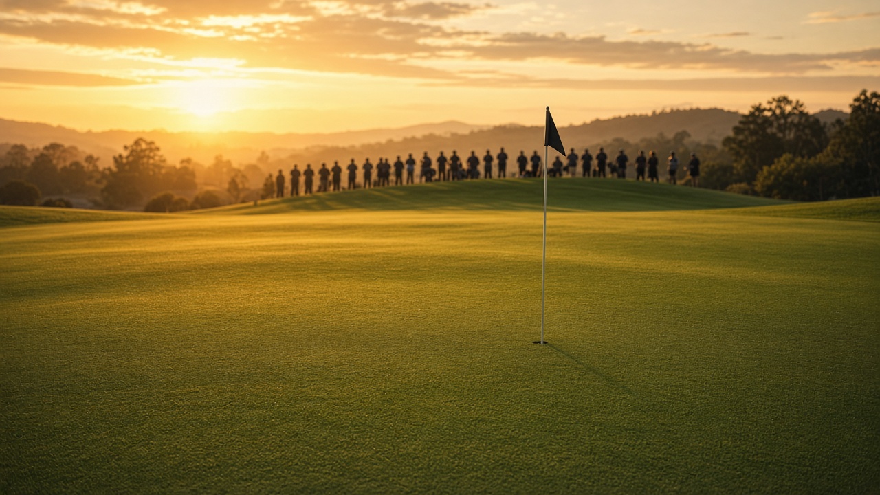 Golf green at sunset with a flagstick and spectators in silhouette (AI-generated illustration)